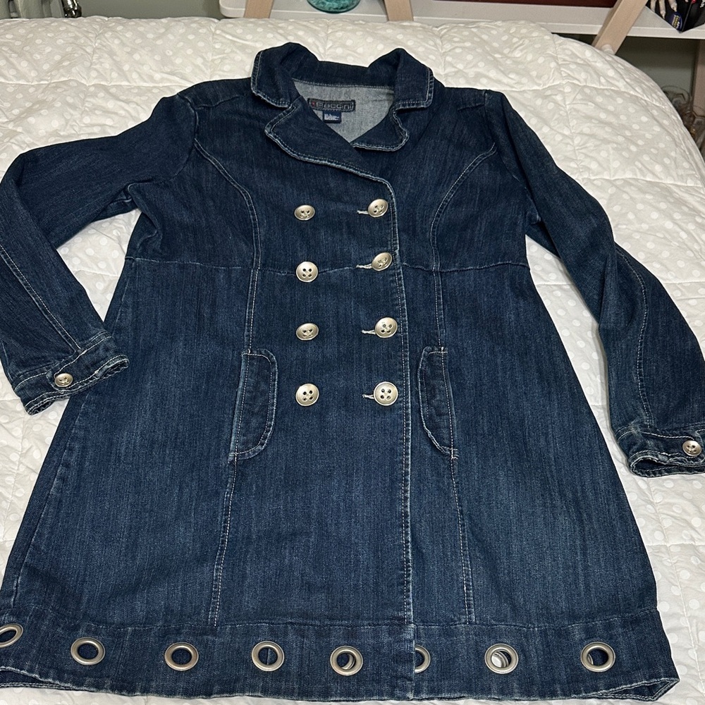 Baccini  Dark Indigo Denim Double-Breasted Trench L grommets 90s